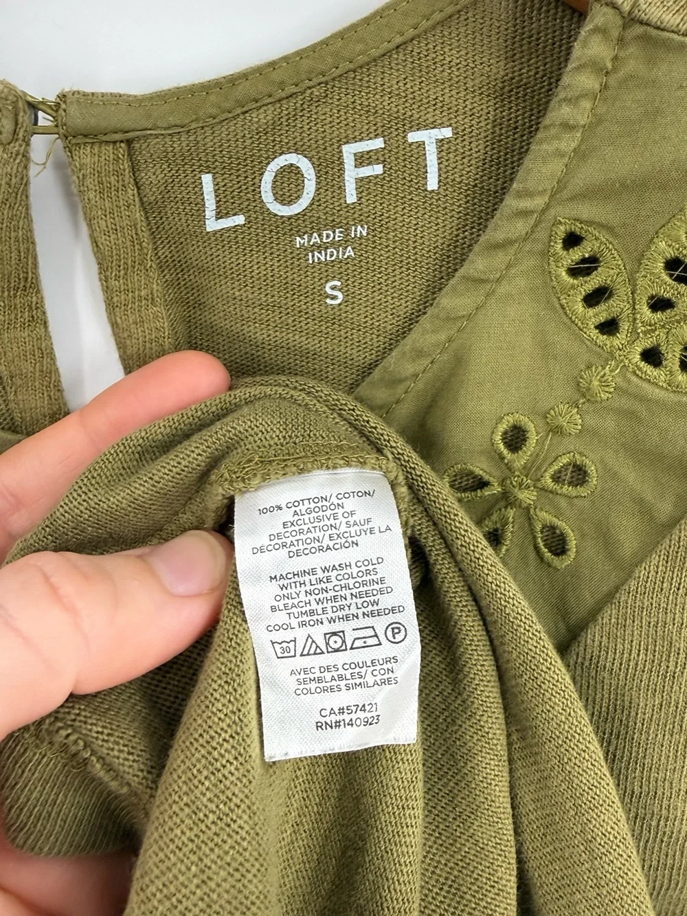 LOFT Cotton Eyelet Yoke Puff Sleeve Mixed Media Top | Olive | Small